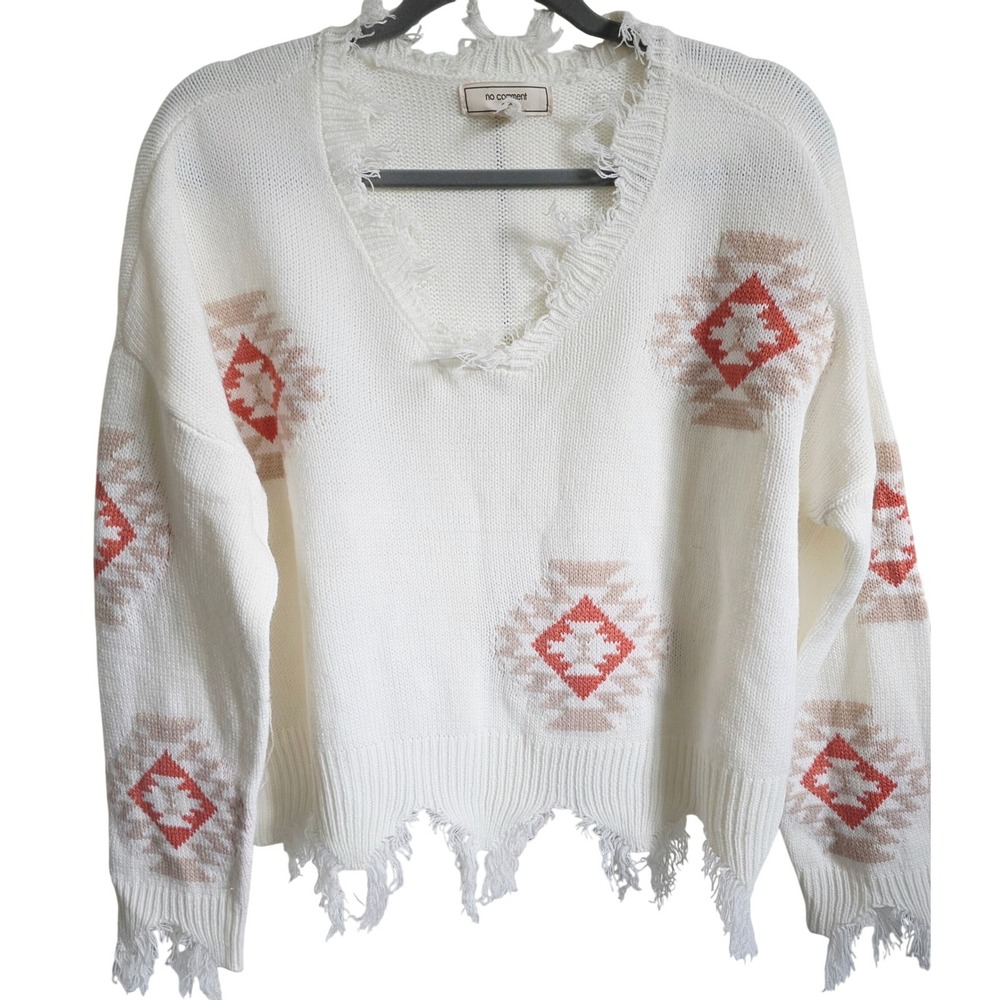 No Comment Cream Aztec Print Fringed‎ V-Neck Pullover Sweater Large Oversize NEW